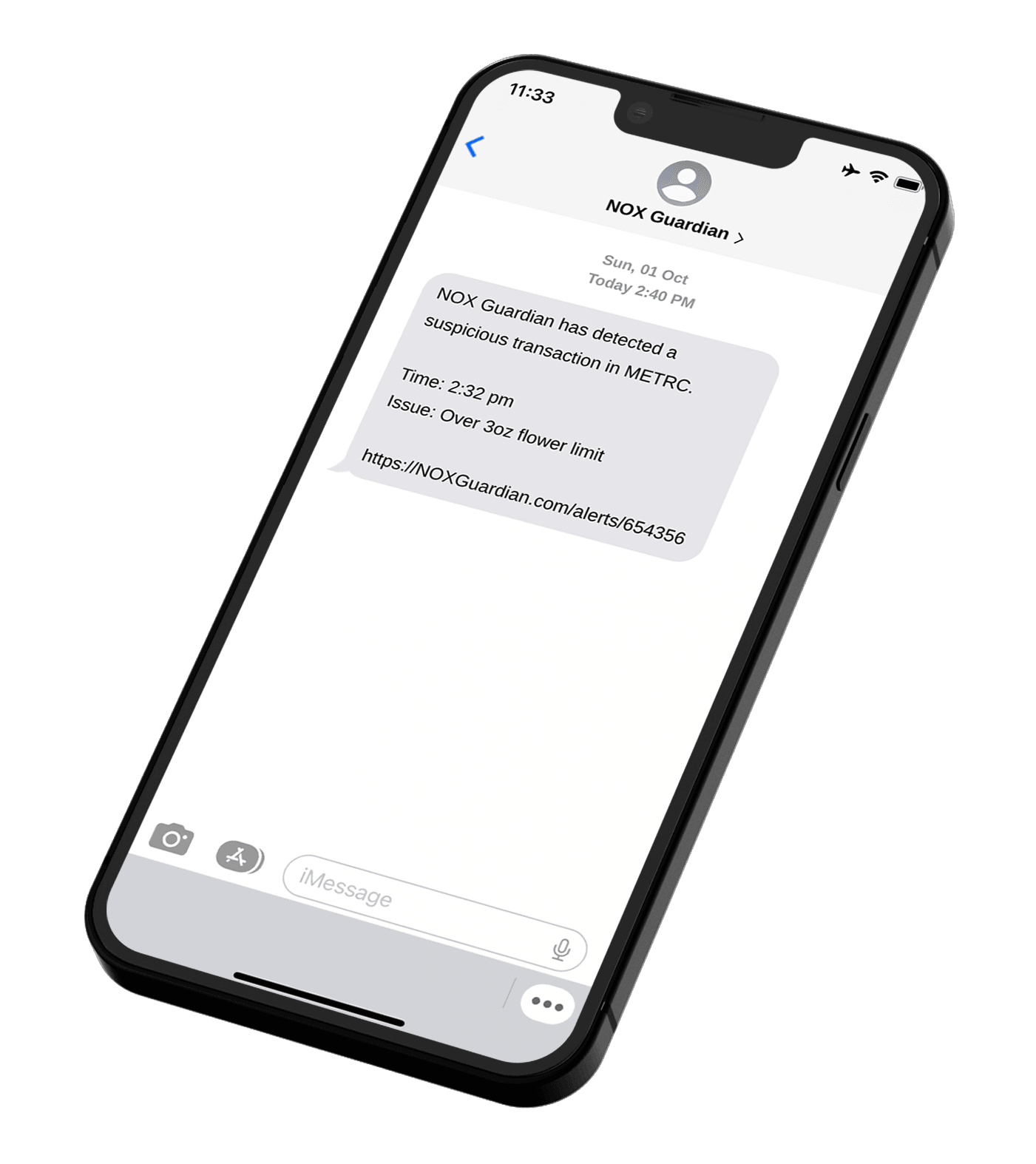 NOX Guardian SMS alert identifying a suspicious Metrc transaction for the store to review.